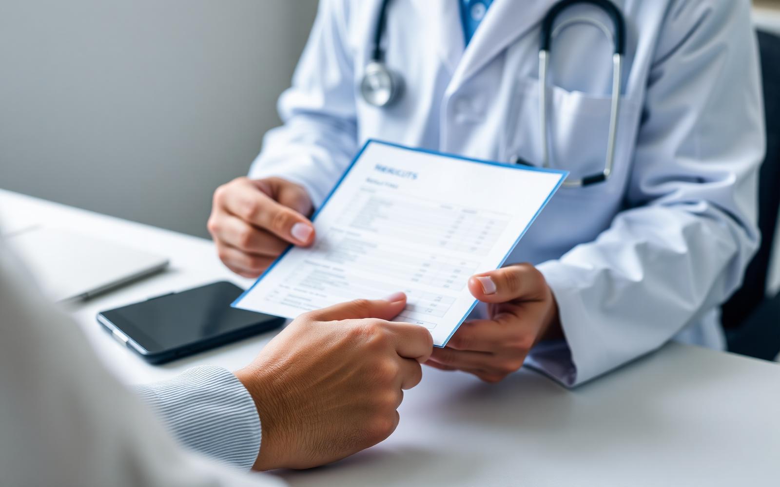 Médico entregando um laudo de exame a um paciente, em ambiente clínico com luz natural