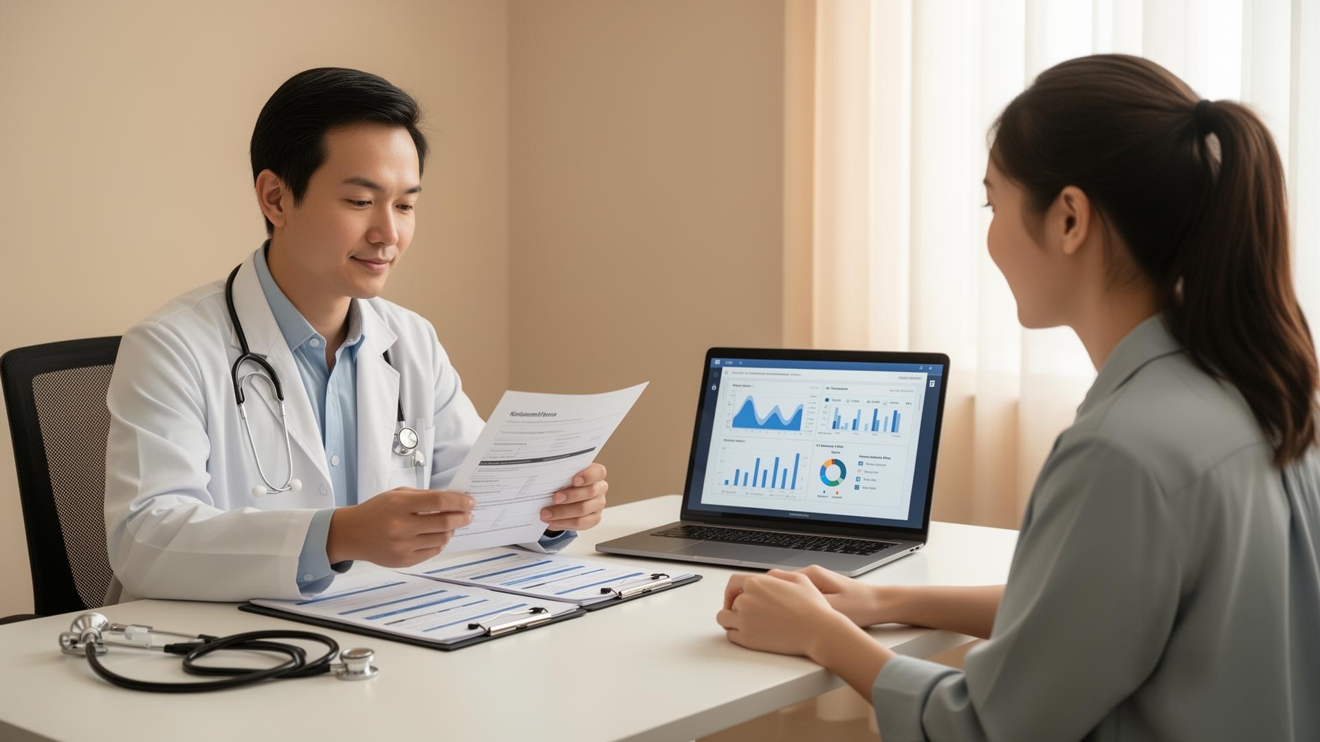 Médico revisando documentos e exames com calma em um ambiente acolhedor